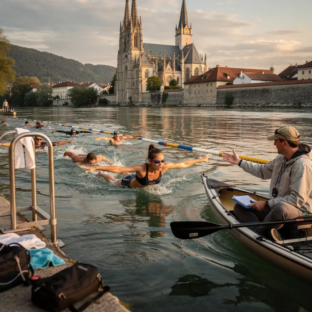 Eine Gruppe von Schwimmern, die an einem Online-Kurs zur Verbesserung der Schwimmtechnik teilnehmen.