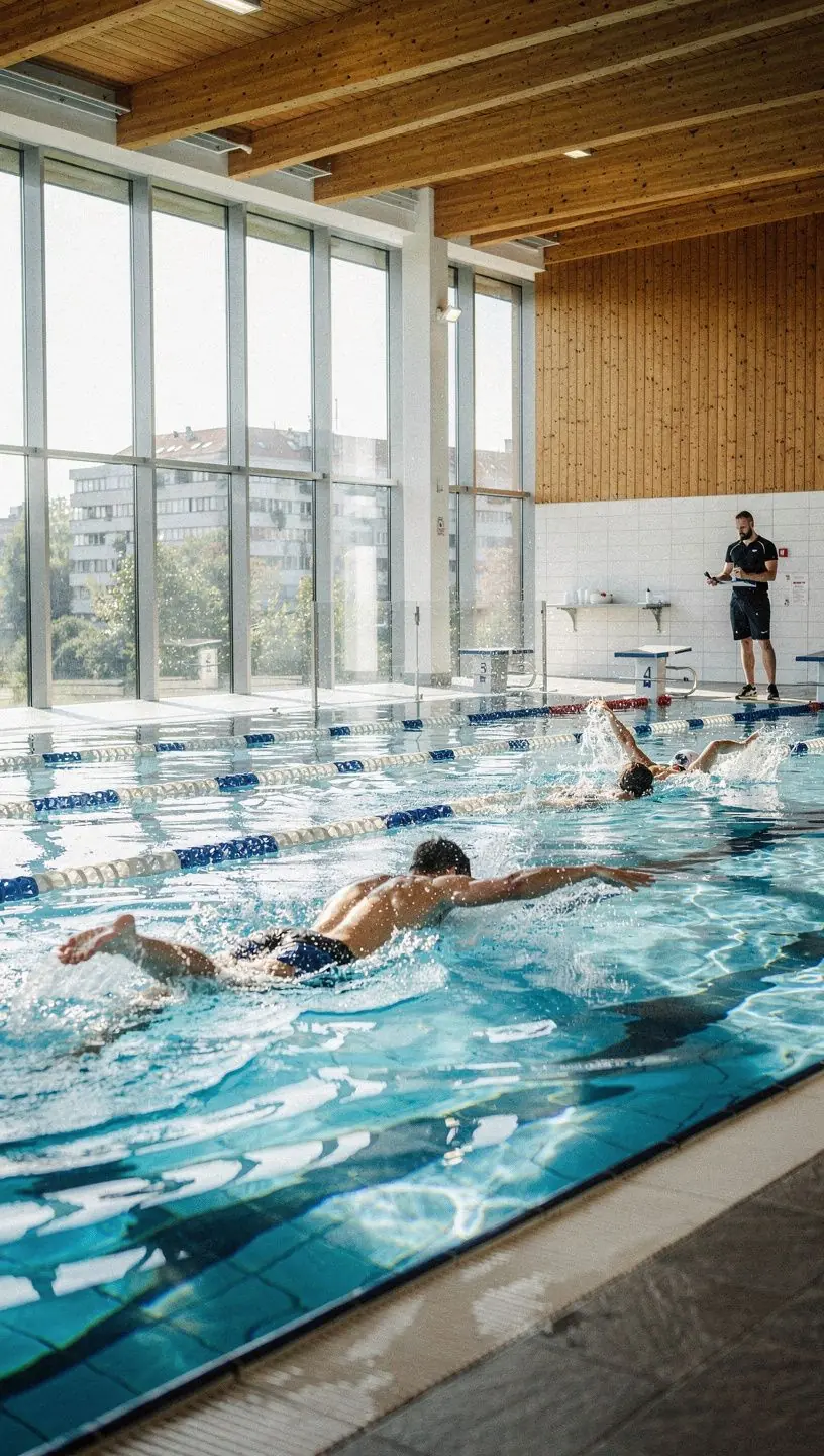 Eine Gruppe von Teilnehmern folgt einem Online-Kurs zur Verbesserung der Schwimmtechnik.