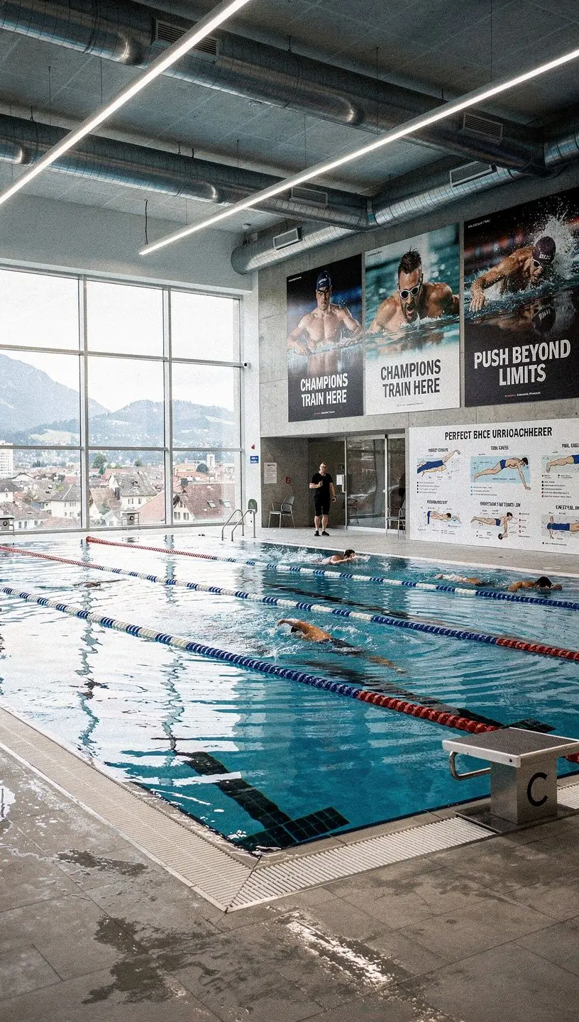 Eine Gruppe von Teilnehmern folgt einem Online-Kurs zur Verbesserung der Schwimmtechnik.