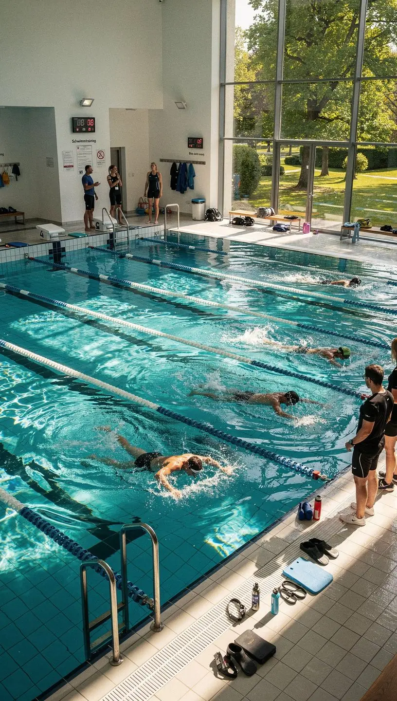 Eine Gruppe von Teilnehmern folgt einem Online-Kurs zur Verbesserung der Schwimmtechnik.