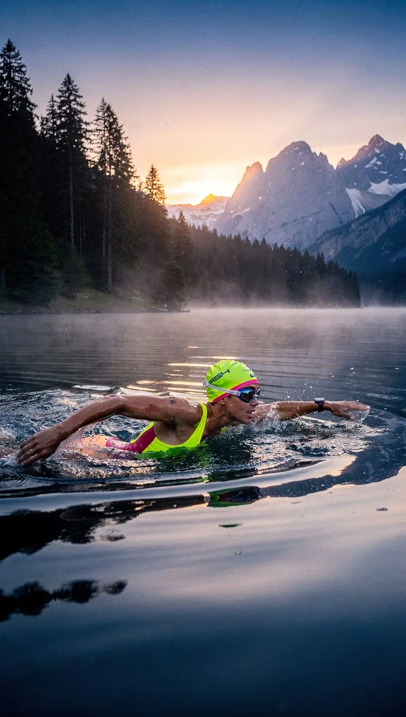 Eine Gruppe von Teilnehmern folgt einem Online-Kurs zur Verbesserung der Schwimmtechnik.