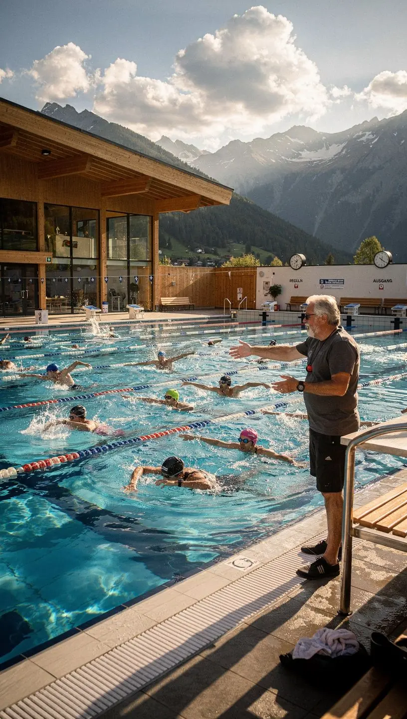 Eine Gruppe von Teilnehmern folgt einem Online-Kurs zur Verbesserung der Schwimmtechnik.
