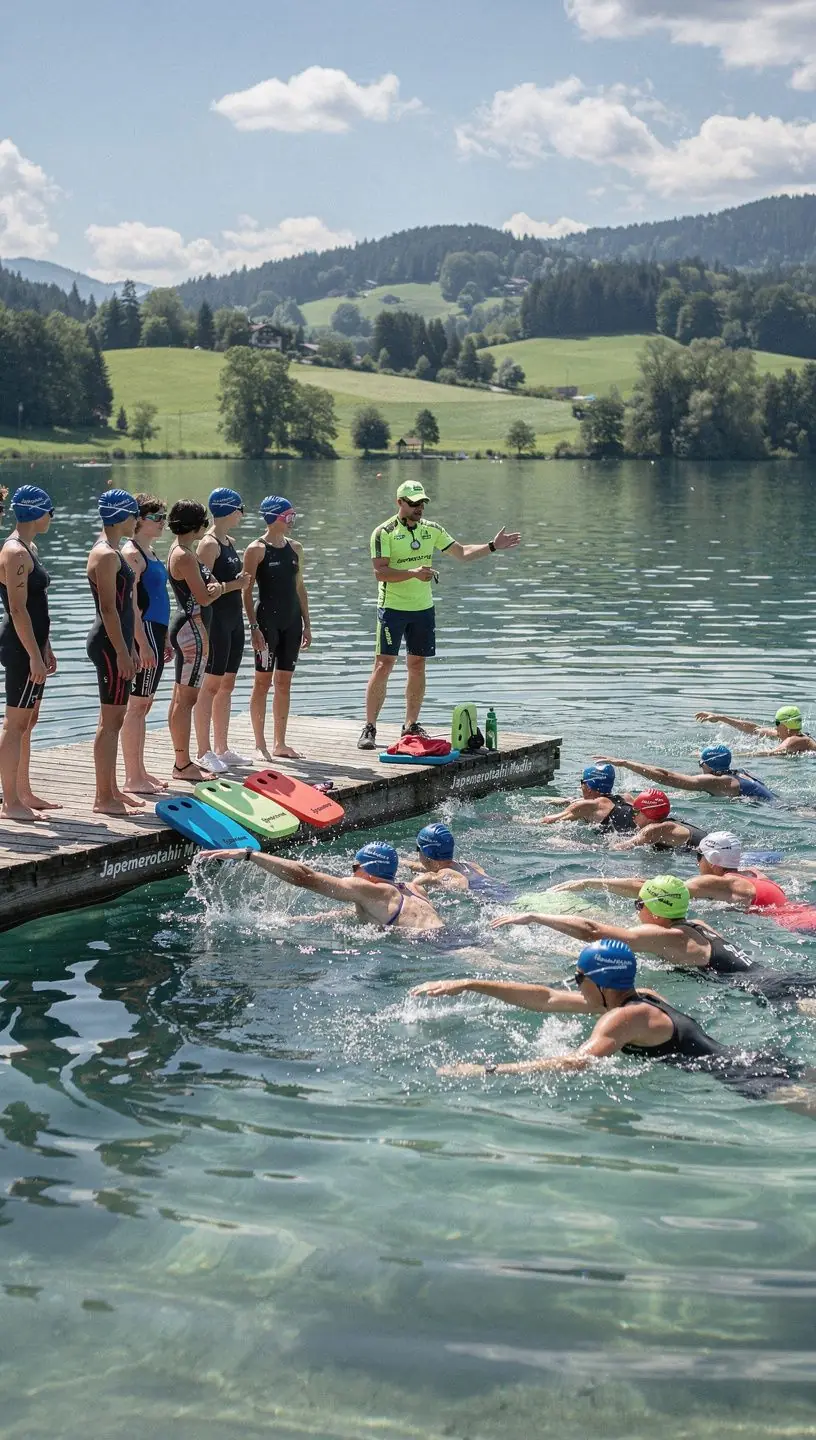 Eine Gruppe von Teilnehmern folgt einem Online-Kurs zur Verbesserung der Schwimmtechnik.